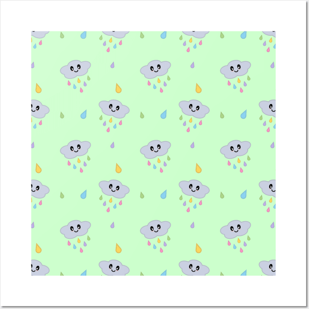 Kawaii Cute Raining Rainbow Clouds Pattern in Green Wall Art by Kelly Gigi